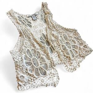 90s Fitted Cream Lace Crochet Tank – Cottagecore Floral Top S